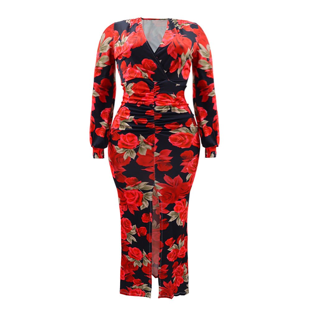 Curvy V - Neck Bodycon Split Floral Print Maxi Dress - TayDiane