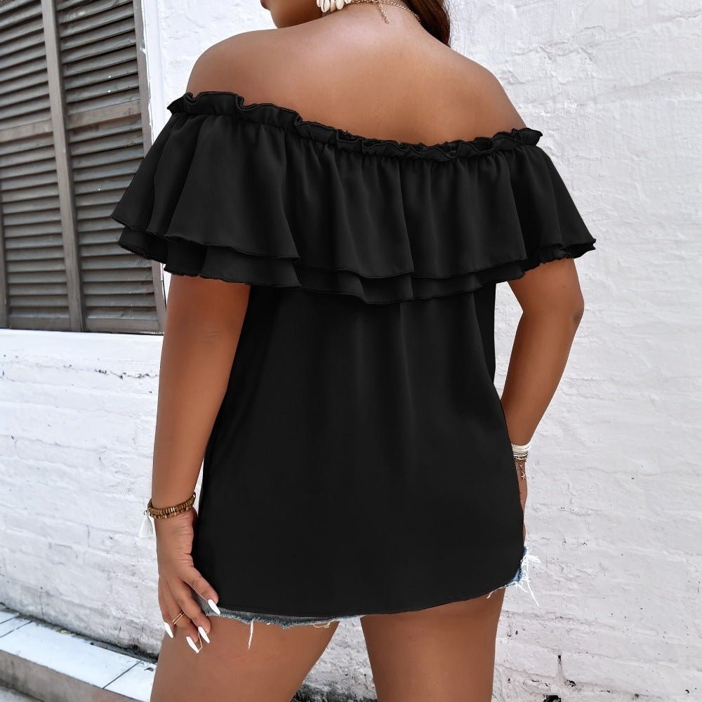 Curvy Women Off Shoulder Ruffled Top with Bow - TayDiane