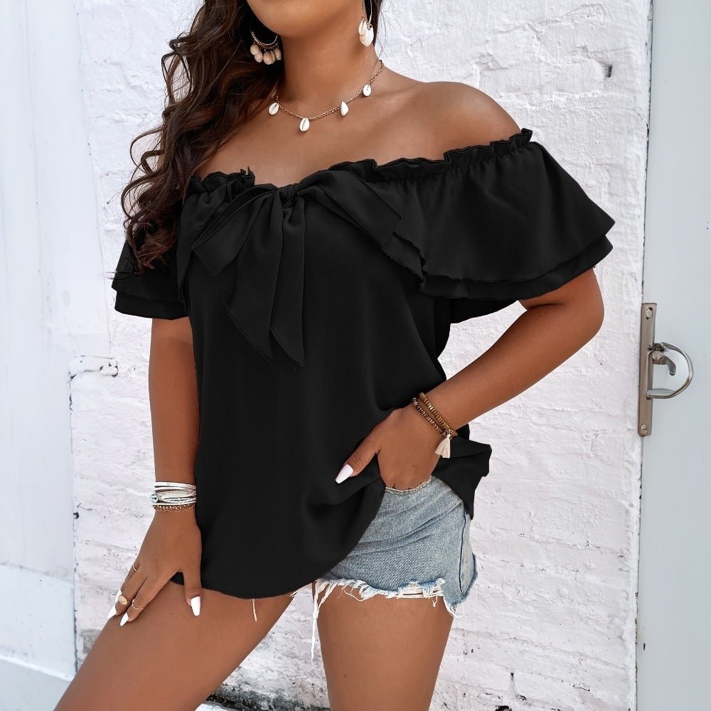 Curvy Women Off Shoulder Ruffled Top with Bow - TayDiane