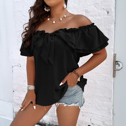 Curvy Women Off Shoulder Ruffled Top with Bow - TayDiane