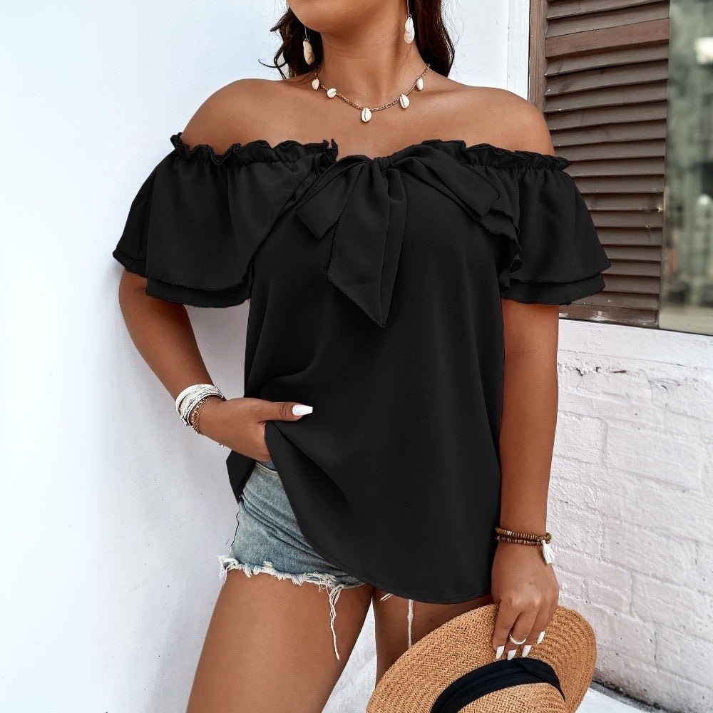Curvy Women Off Shoulder Ruffled Top with Bow - TayDiane