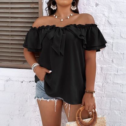 Curvy Women Off Shoulder Ruffled Top with Bow - TayDiane