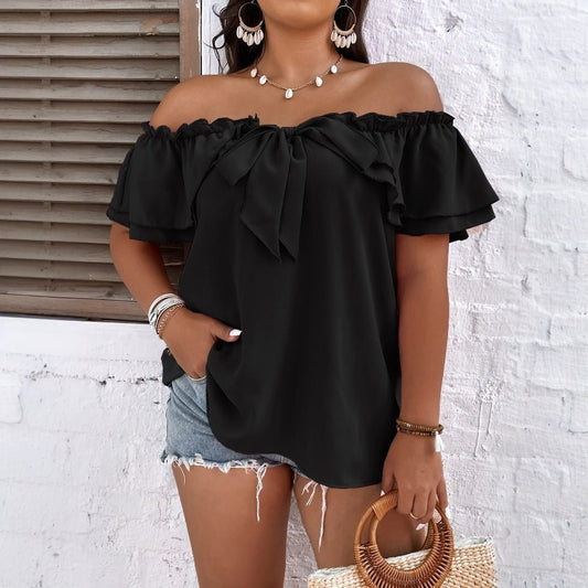 Curvy Women Off Shoulder Ruffled Top with Bow - TayDiane