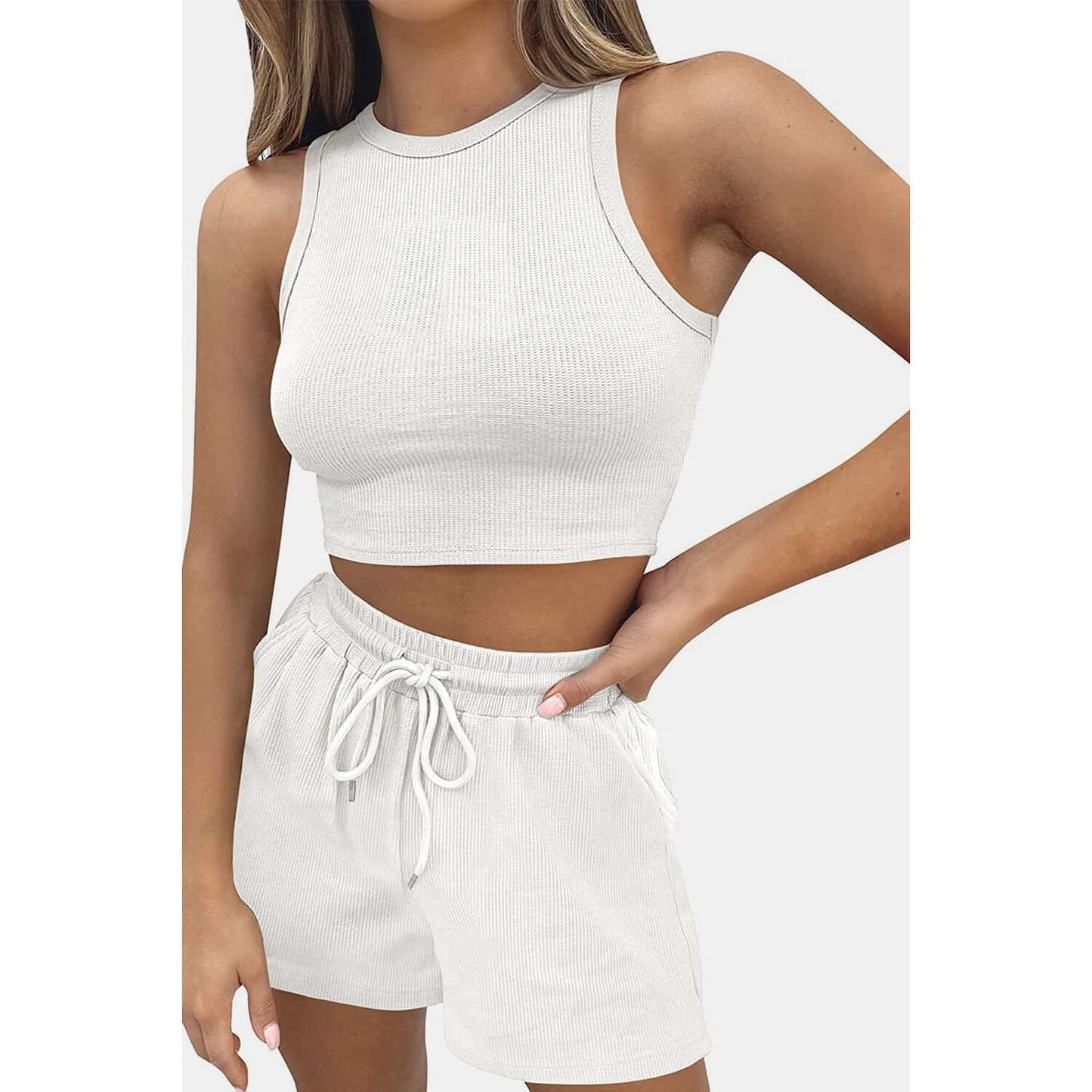 Round Neck Drawstring Shorts Set