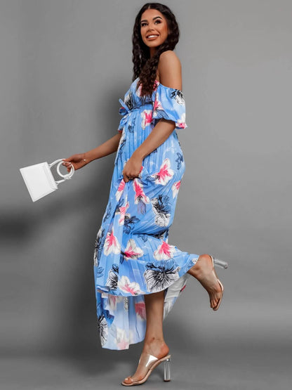 Pleated Floral Off-Shoulder Maxi  Dress