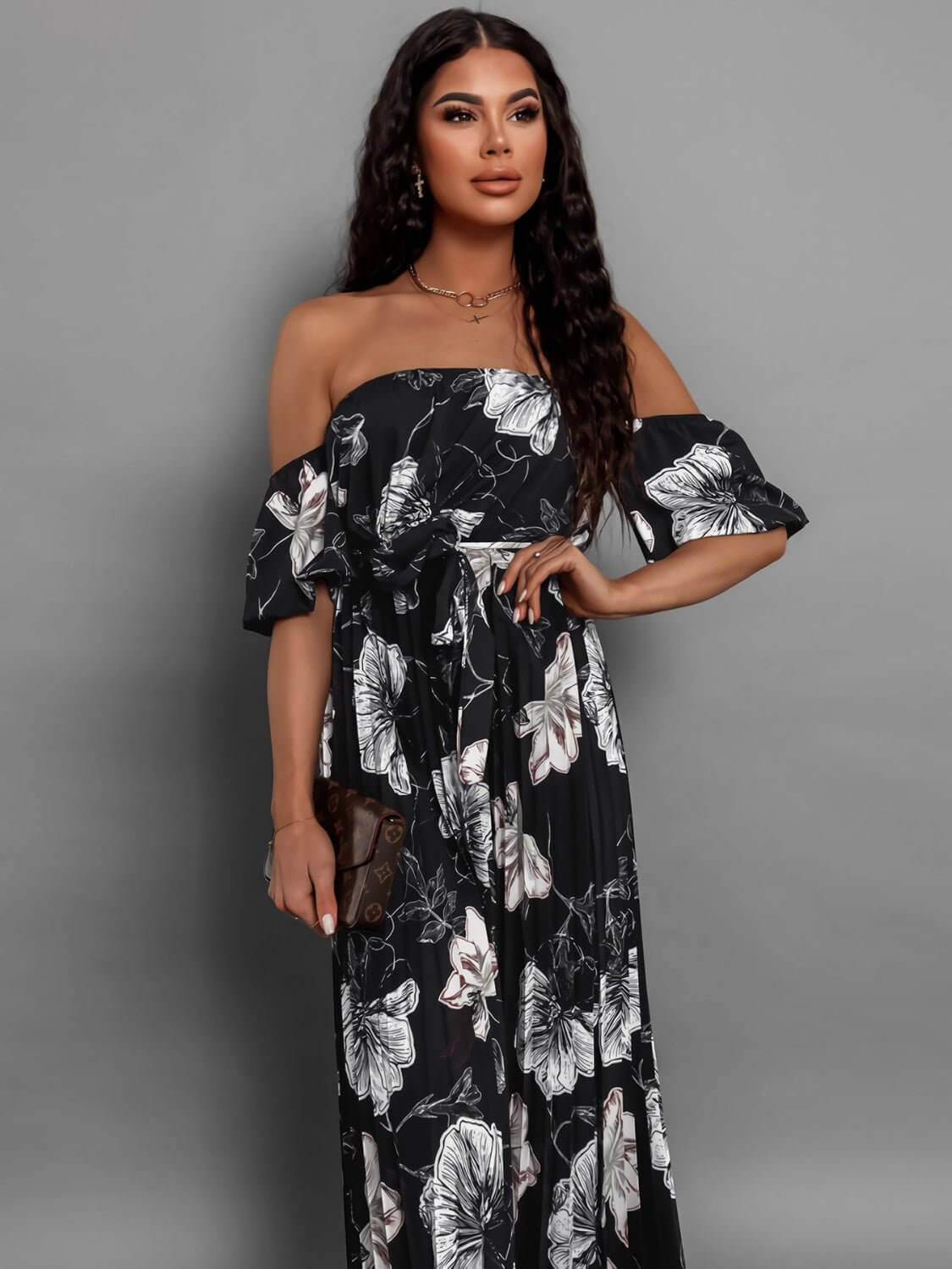 Pleated Floral Off-Shoulder Maxi  Dress