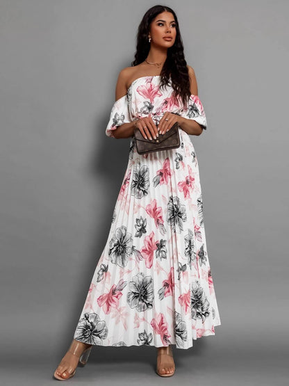 Pleated Floral Off-Shoulder Maxi  Dress