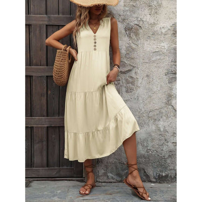 Decorative Button Notched Sleeveless Dress