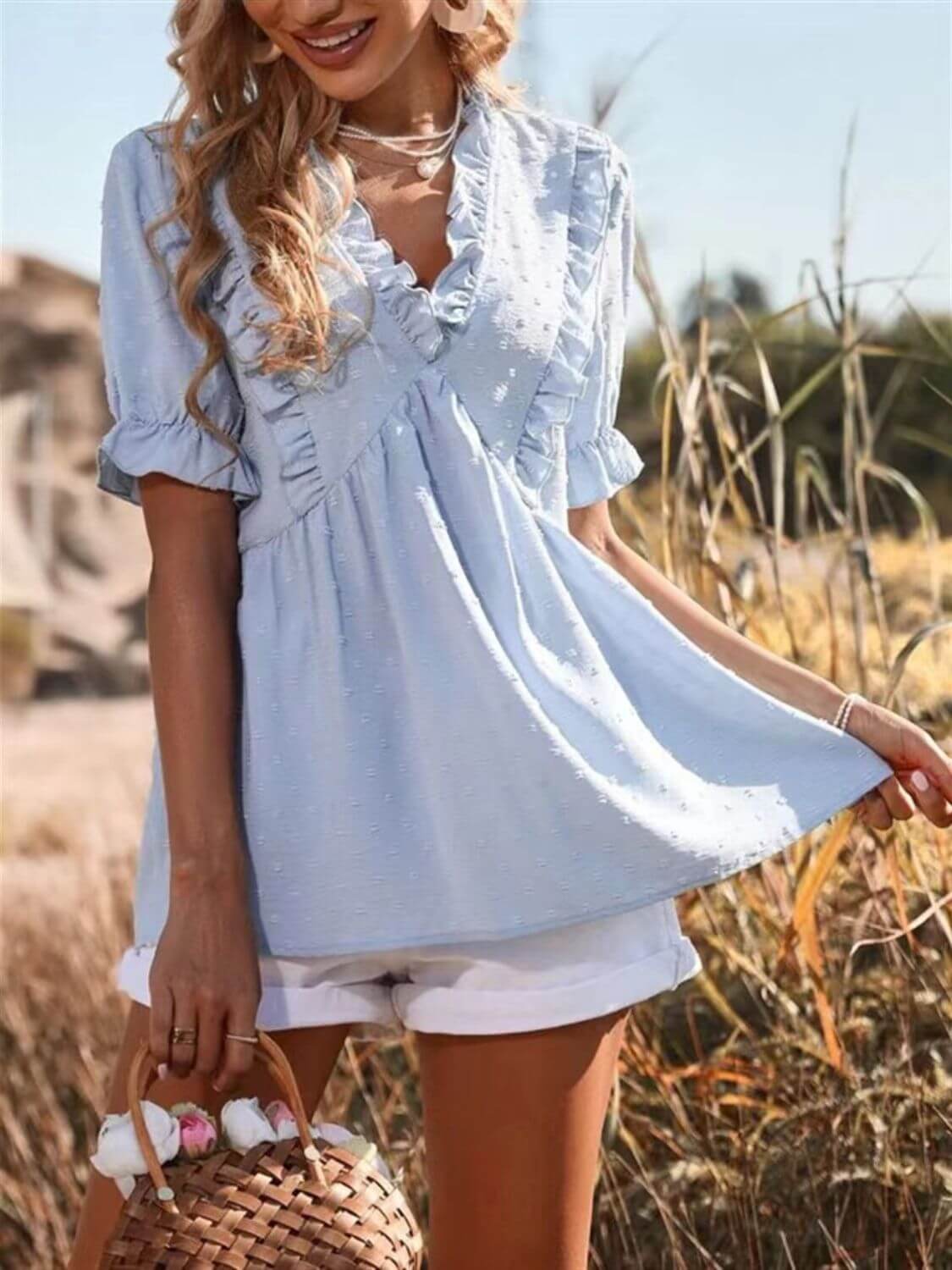 Frill V-Neck Short Sleeve Top