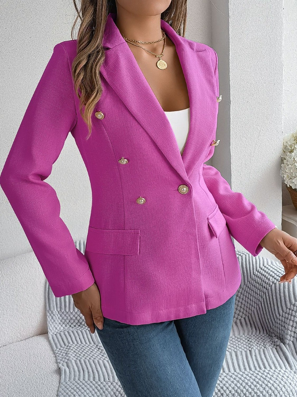 Decorative Pocket Flap Lapel Collar Long Sleeve Blazer - TayDiane