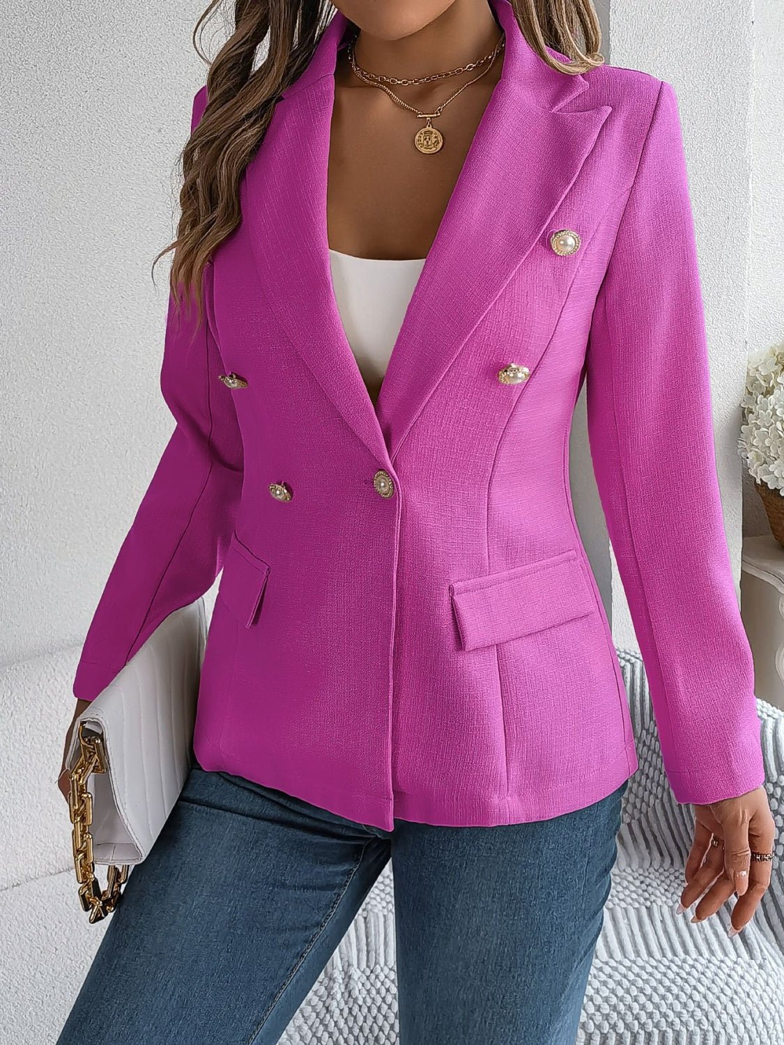 Decorative Pocket Flap Lapel Collar Long Sleeve Blazer - TayDiane