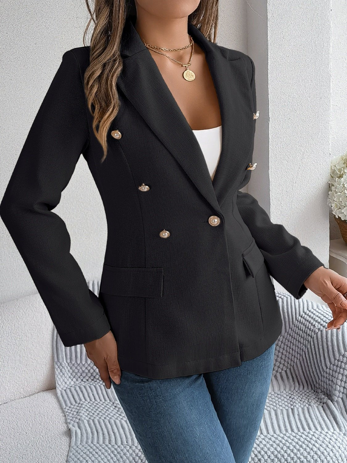 Decorative Pocket Flap Lapel Collar Long Sleeve Blazer - TayDiane