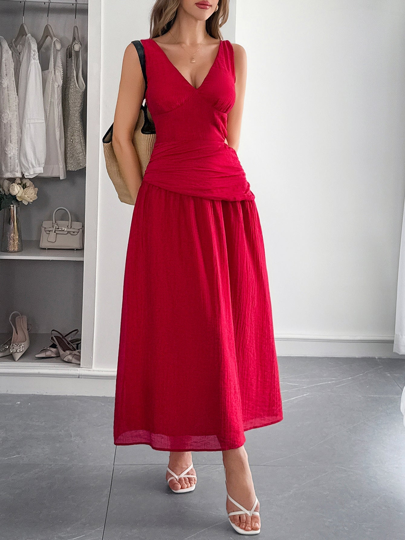 Deep V - Neck Plunge Midi Dress - TayDiane