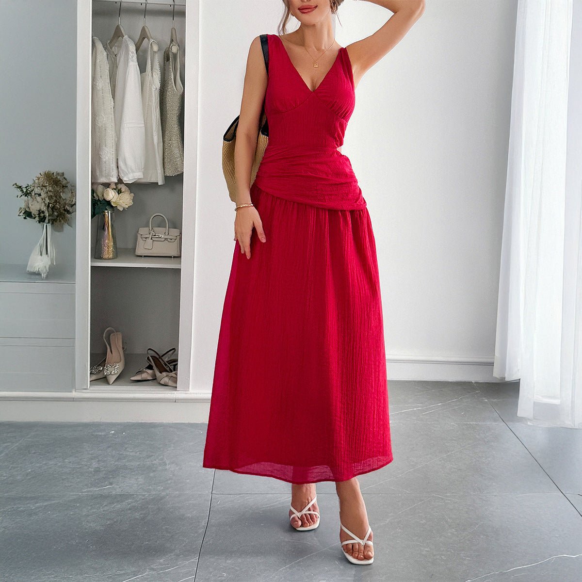 Deep V - Neck Plunge Midi Dress - TayDiane