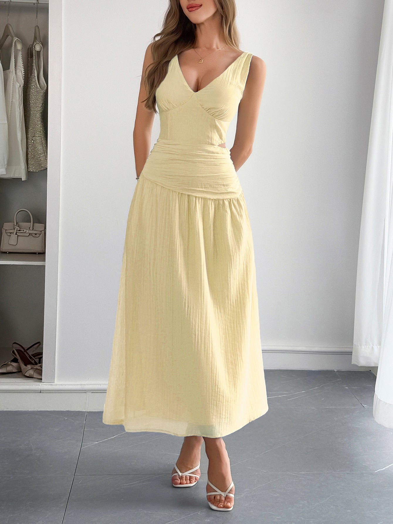 Deep V - Neck Plunge Midi Dress - TayDiane