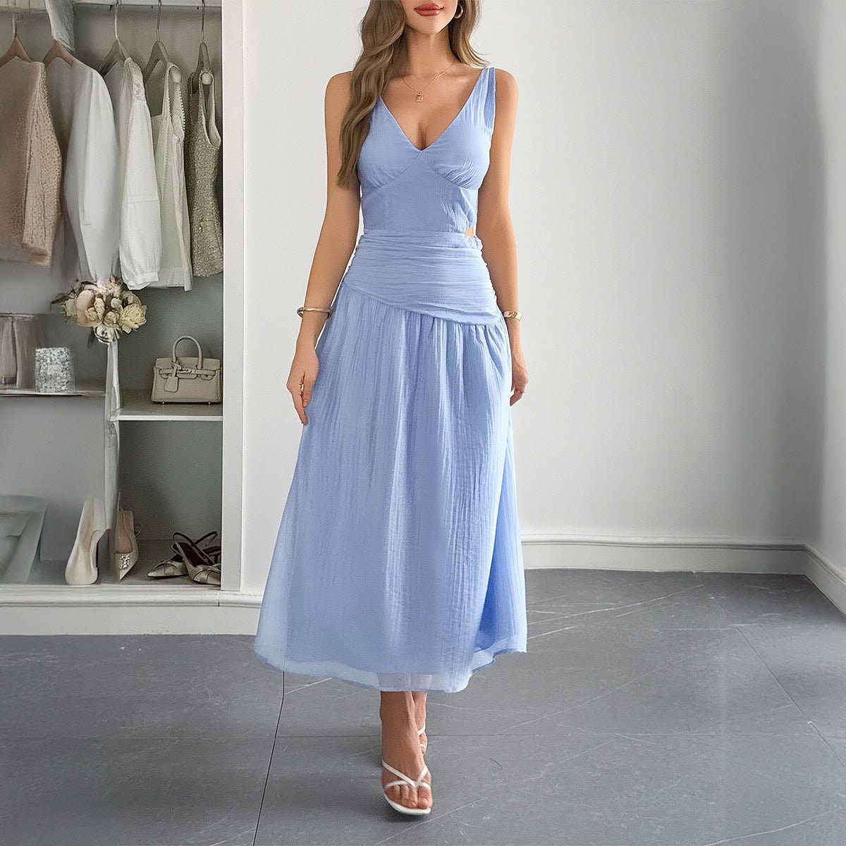 Deep V - Neck Plunge Midi Dress - TayDiane