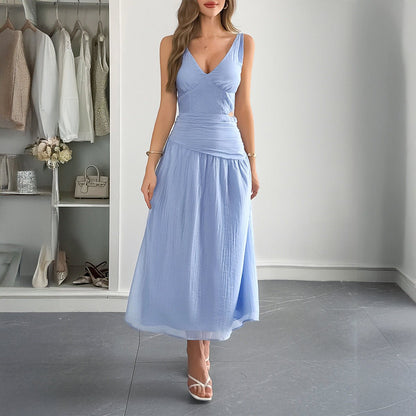 Deep V - Neck Plunge Midi Dress - TayDiane