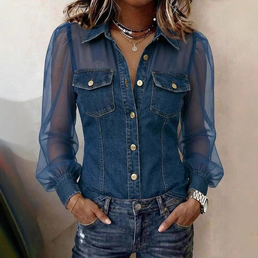 Denim After Dark Sheer-Sleeve Blouse - Taydiane