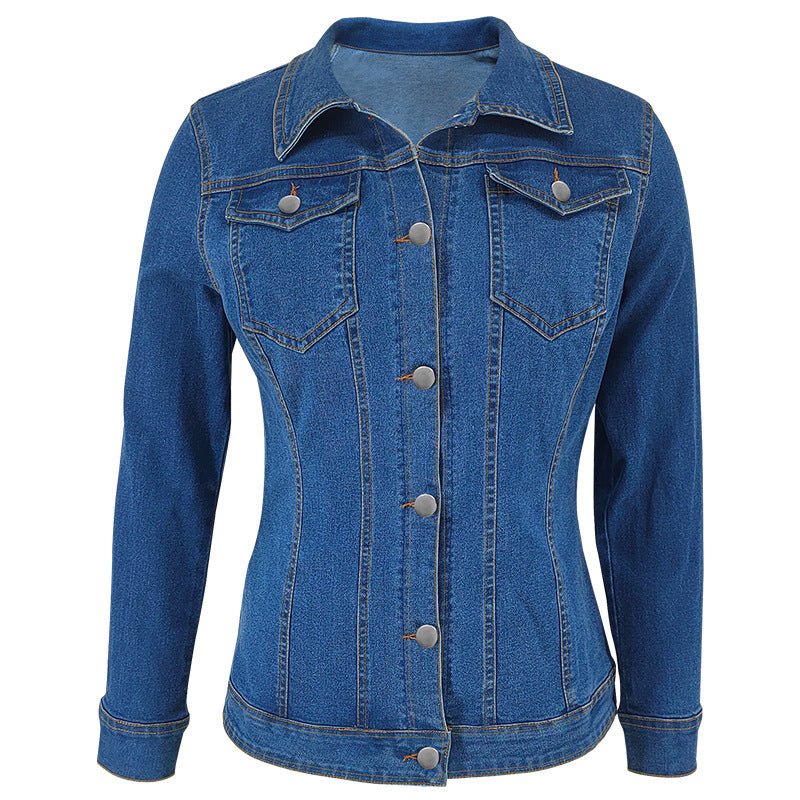 Denim Jacket with Long Sleeves, Collar, and Pockets - TayDiane
