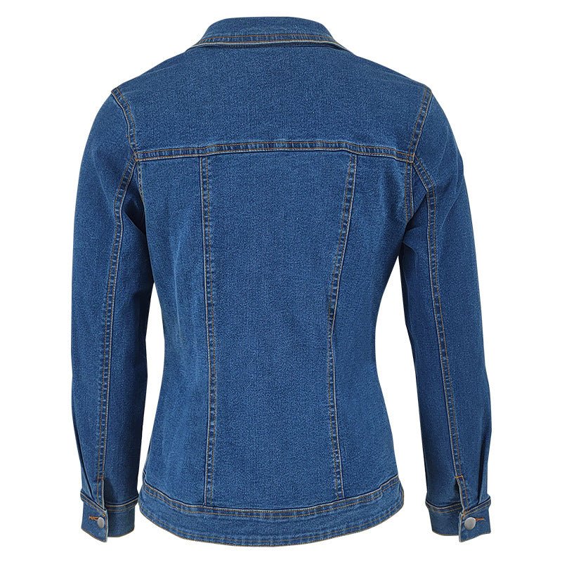 Denim Jacket with Long Sleeves, Collar, and Pockets - TayDiane