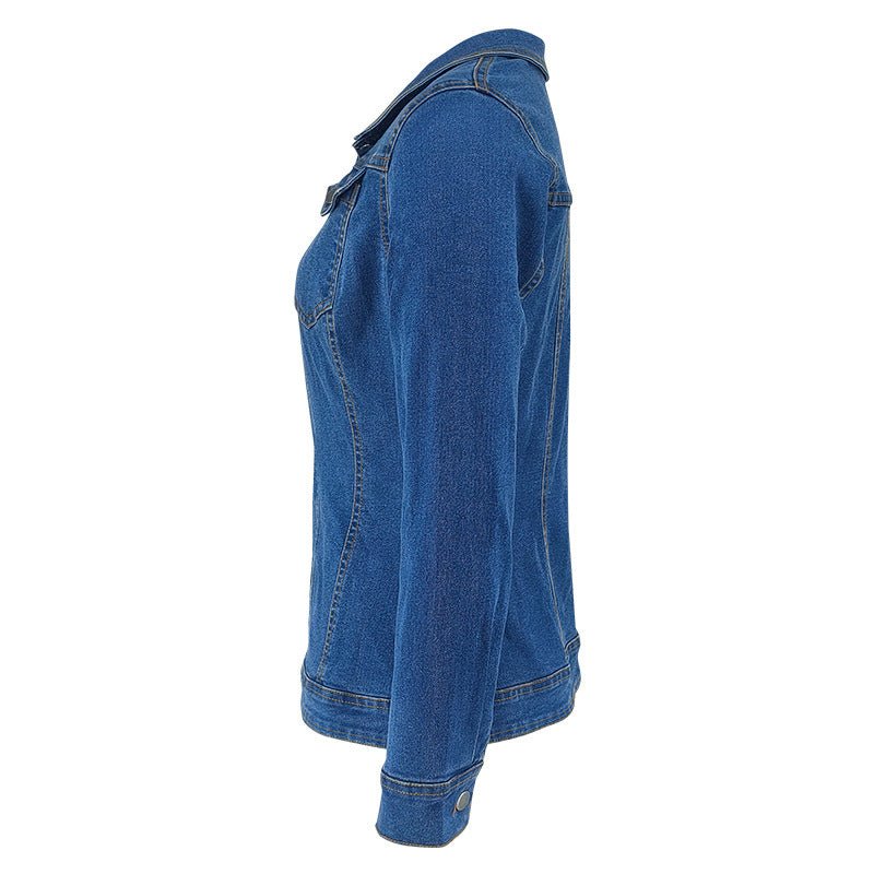 Denim Jacket with Long Sleeves, Collar, and Pockets - TayDiane