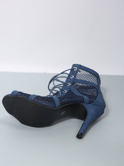 Denim Lace - Up Mesh Peep Toe Booties - TayDiane
