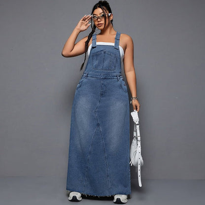 Denim Maxi Dress with Adjustable Suspender Straps - TayDiane