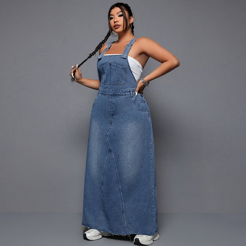 Denim Maxi Dress with Adjustable Suspender Straps - TayDiane