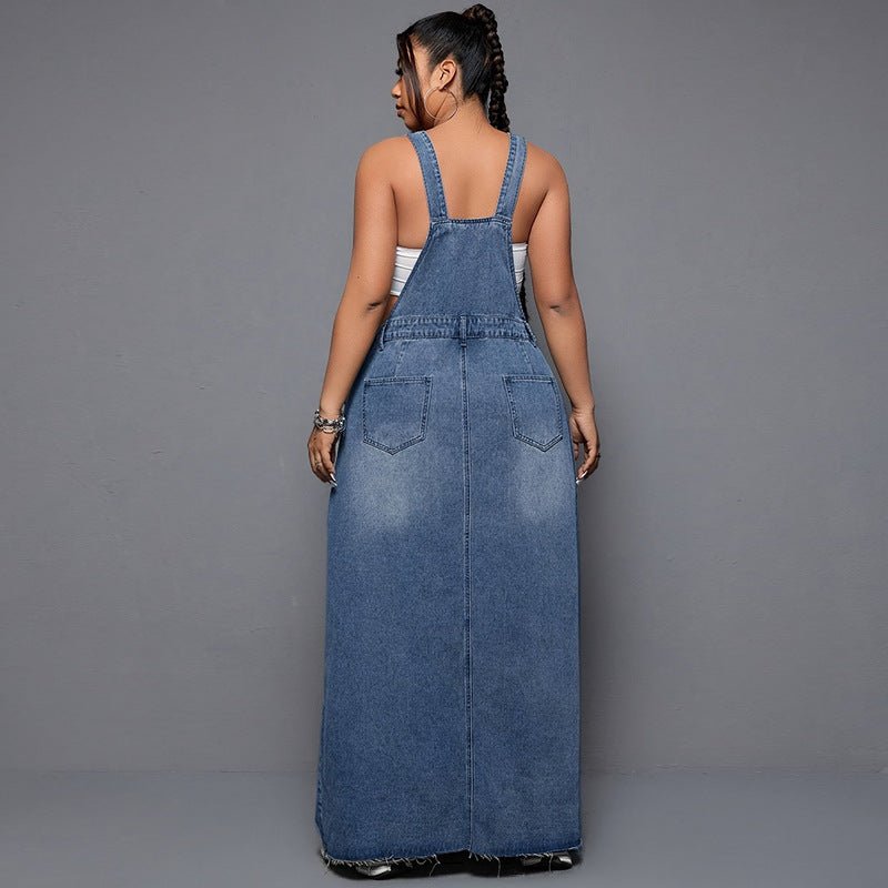Denim Maxi Dress with Adjustable Suspender Straps - TayDiane