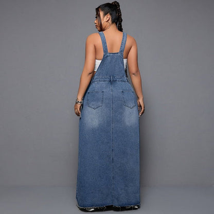 Denim Maxi Dress with Adjustable Suspender Straps - TayDiane