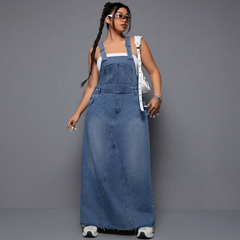 Denim Maxi Dress with Adjustable Suspender Straps - TayDiane