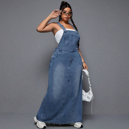 Denim Maxi Dress with Adjustable Suspender Straps - TayDiane