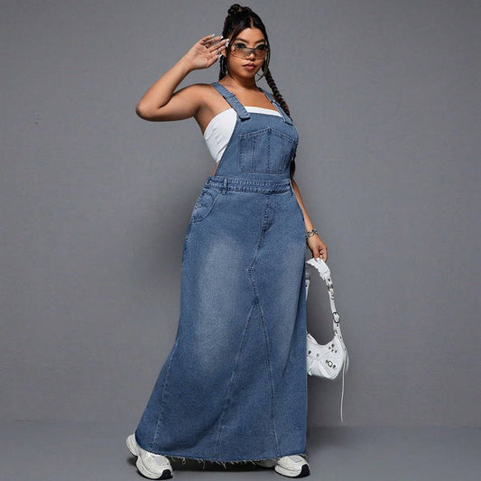 Denim Maxi Dress with Adjustable Suspender Straps - TayDiane