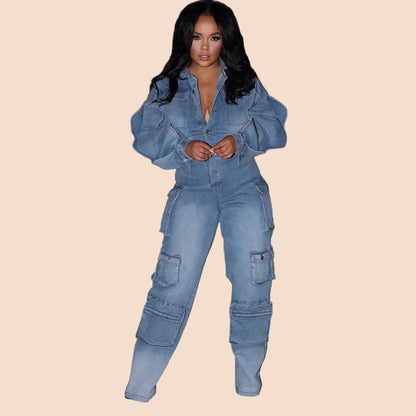 Denim Utility Cargo Jumpsuit - TayDiane