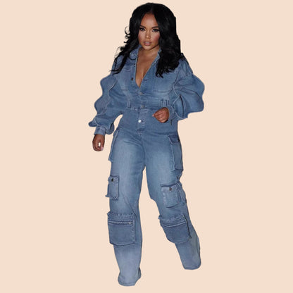 Denim Utility Cargo Jumpsuit - TayDiane