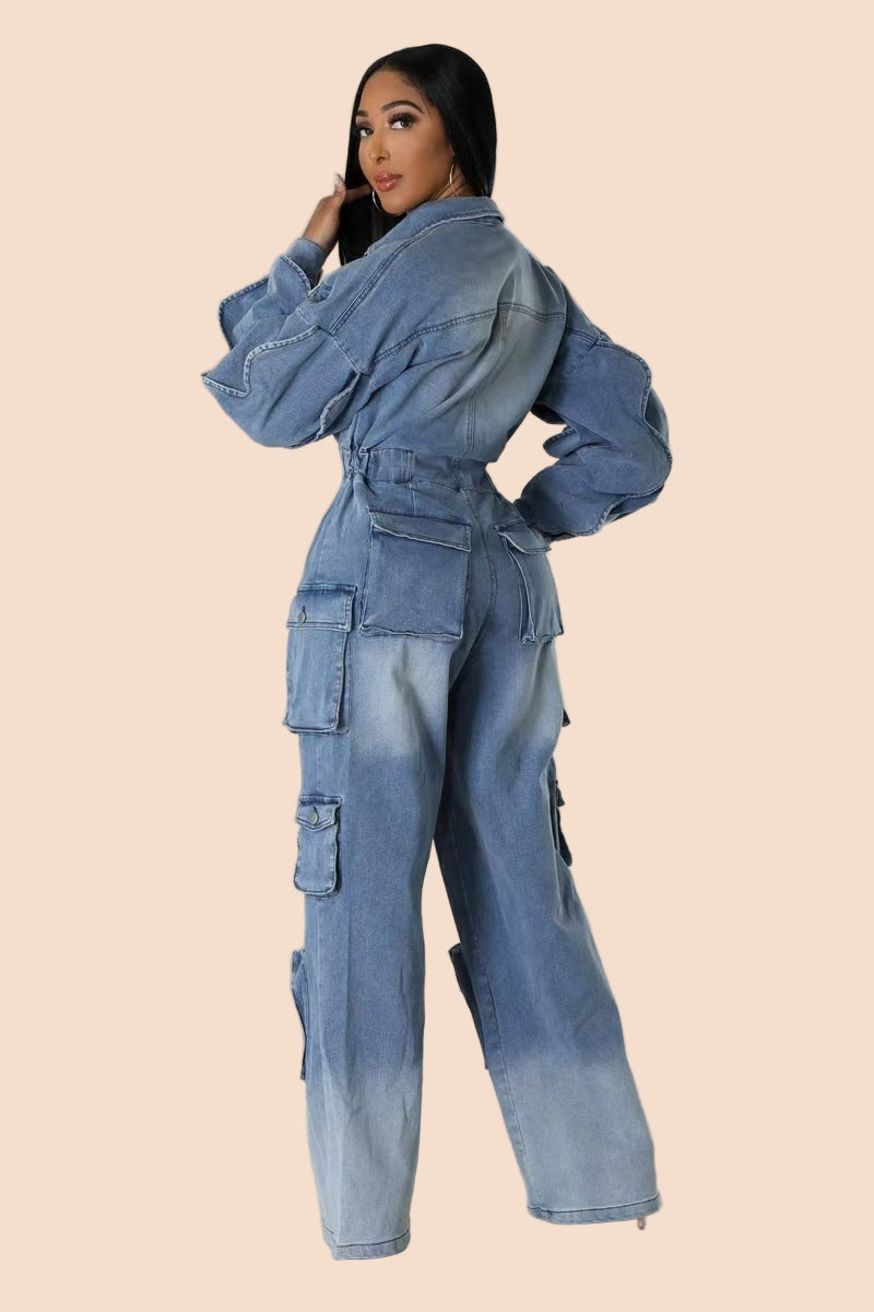 Denim Utility Cargo Jumpsuit - TayDiane