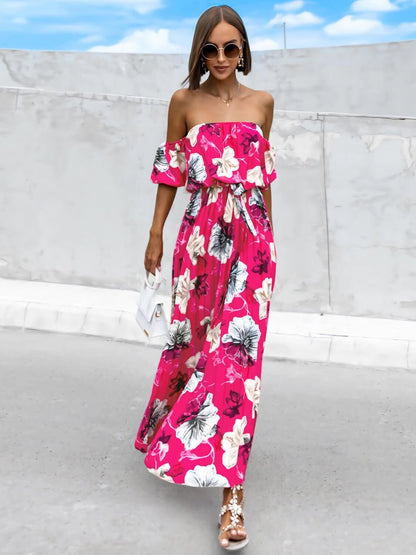 Pleated Floral Off-Shoulder Maxi  Dress