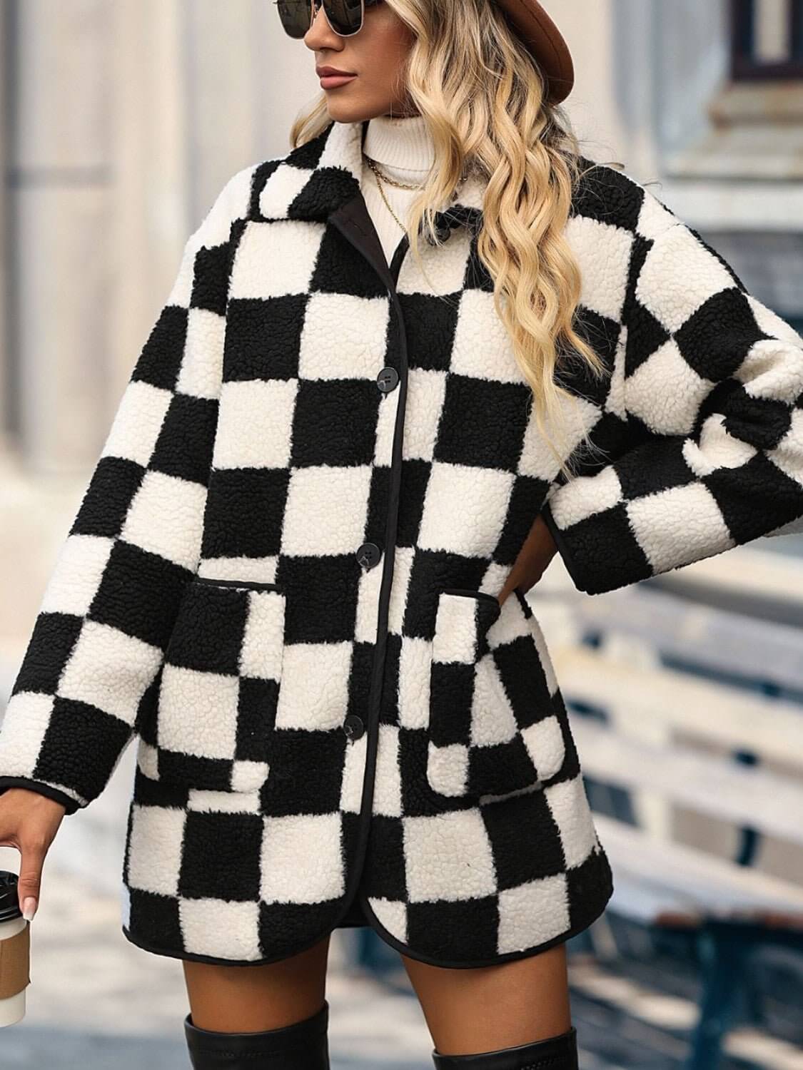 Double Take Checkered Button Front Coat - TayDiane