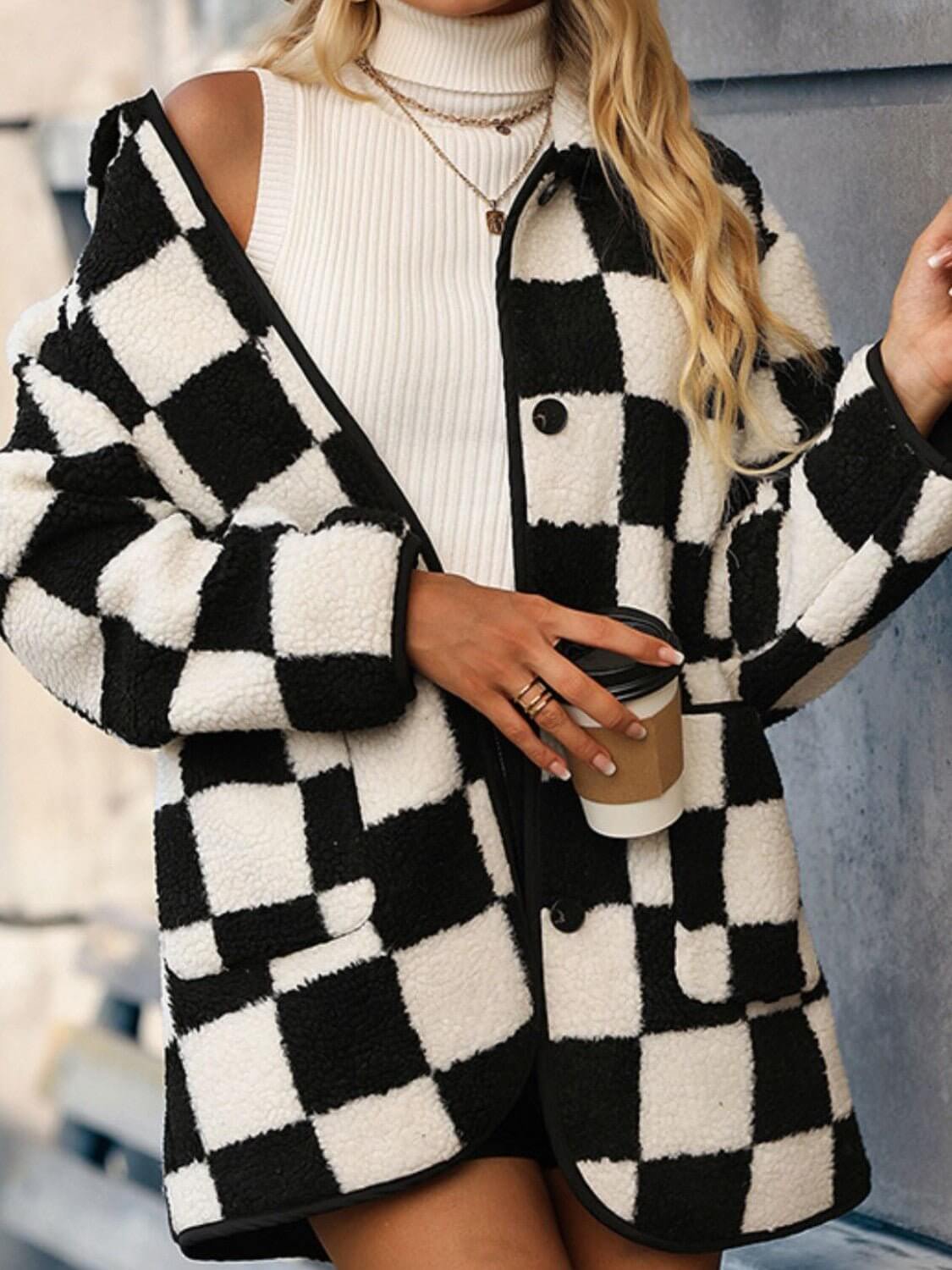 Double Take Checkered Button Front Coat - TayDiane