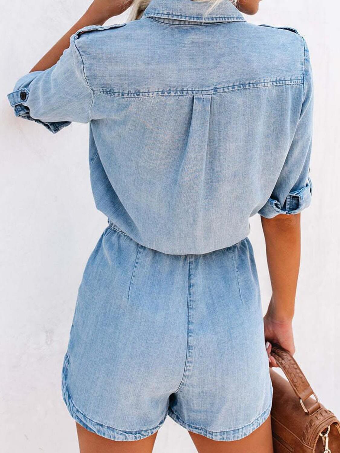 Drawstring Waist Denim Romper - TayDiane