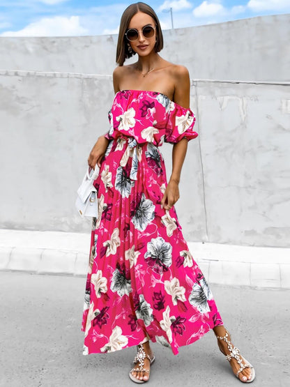 Pleated Floral Off-Shoulder Maxi  Dress