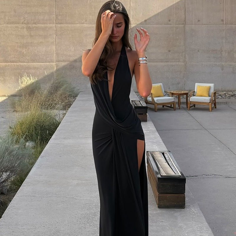 Elegant Backless Halter Maxi Dress - Taydiane