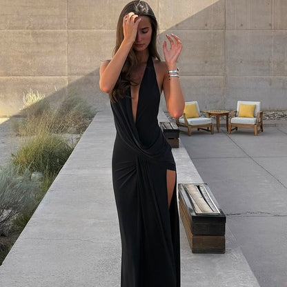 Elegant Backless Halter Maxi Dress - Taydiane
