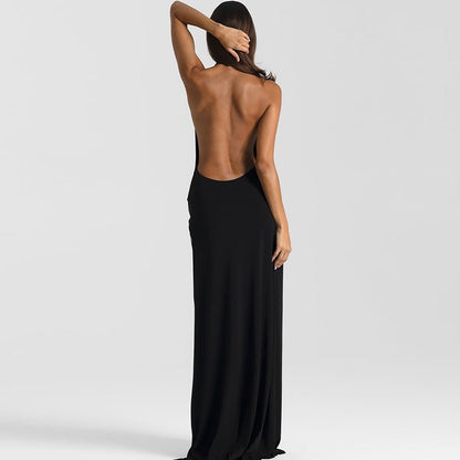 Elegant Backless Halter Maxi Dress - Taydiane