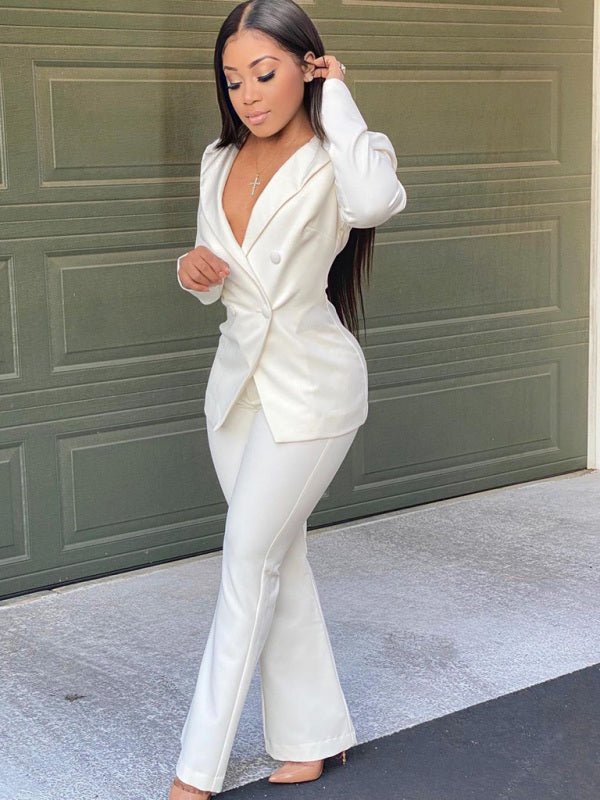 Elegant Double - Breasted Flared Pantsuit - TayDiane