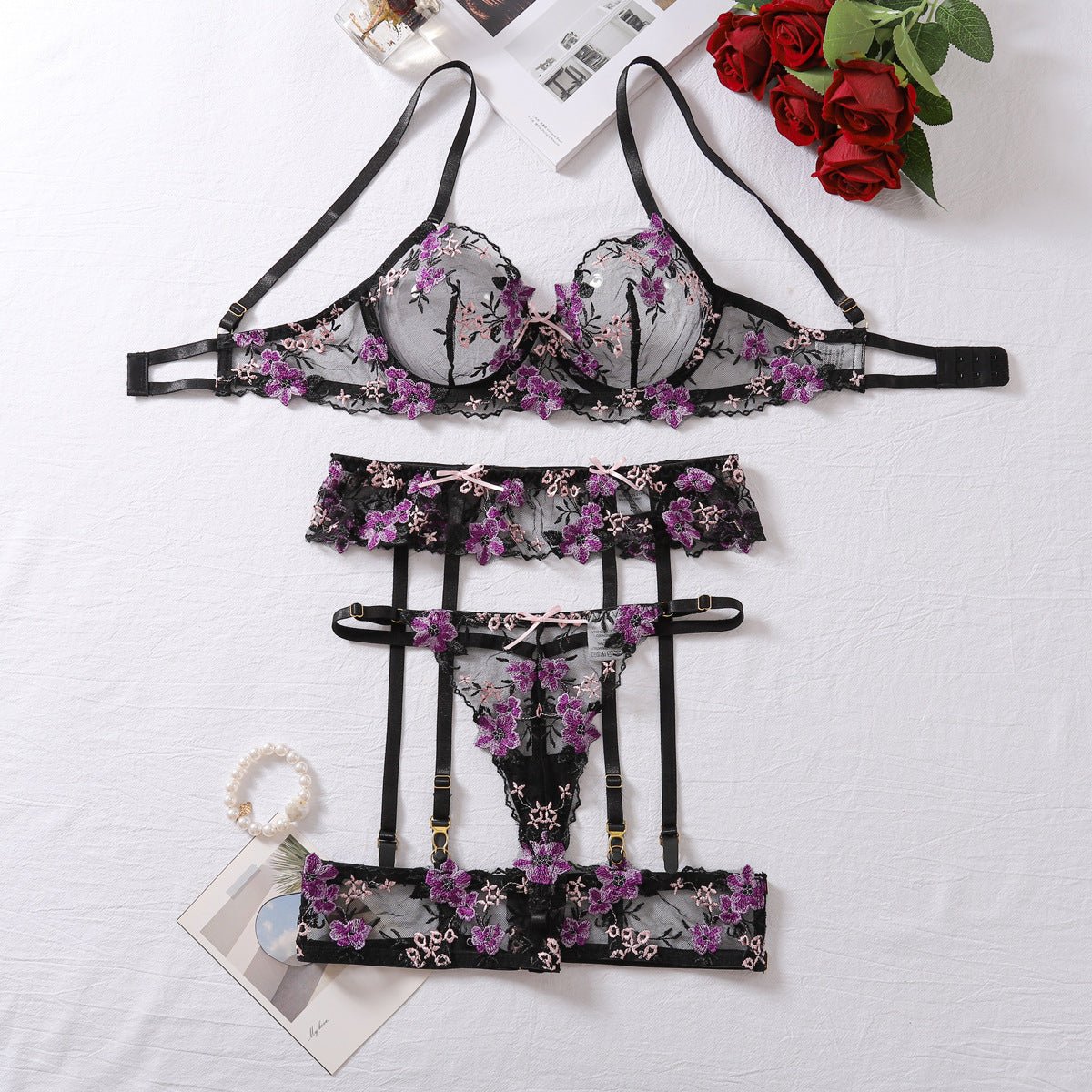 Elegant Floral Lace Embroidered Lingerie Set with Cutout Design - TayDiane