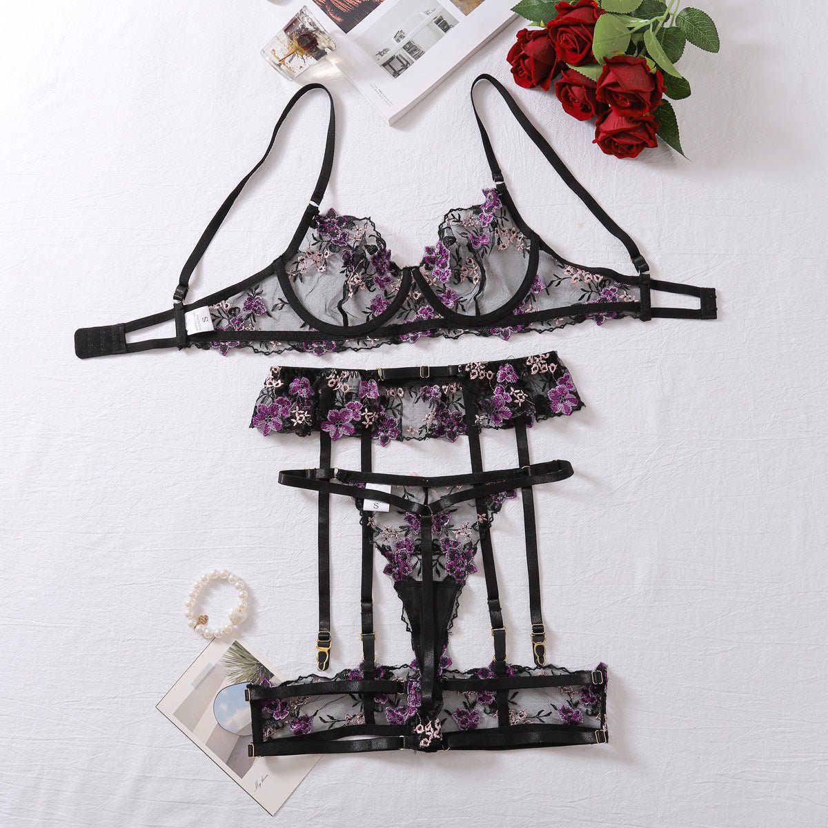 Elegant Floral Lace Embroidered Lingerie Set with Cutout Design - TayDiane