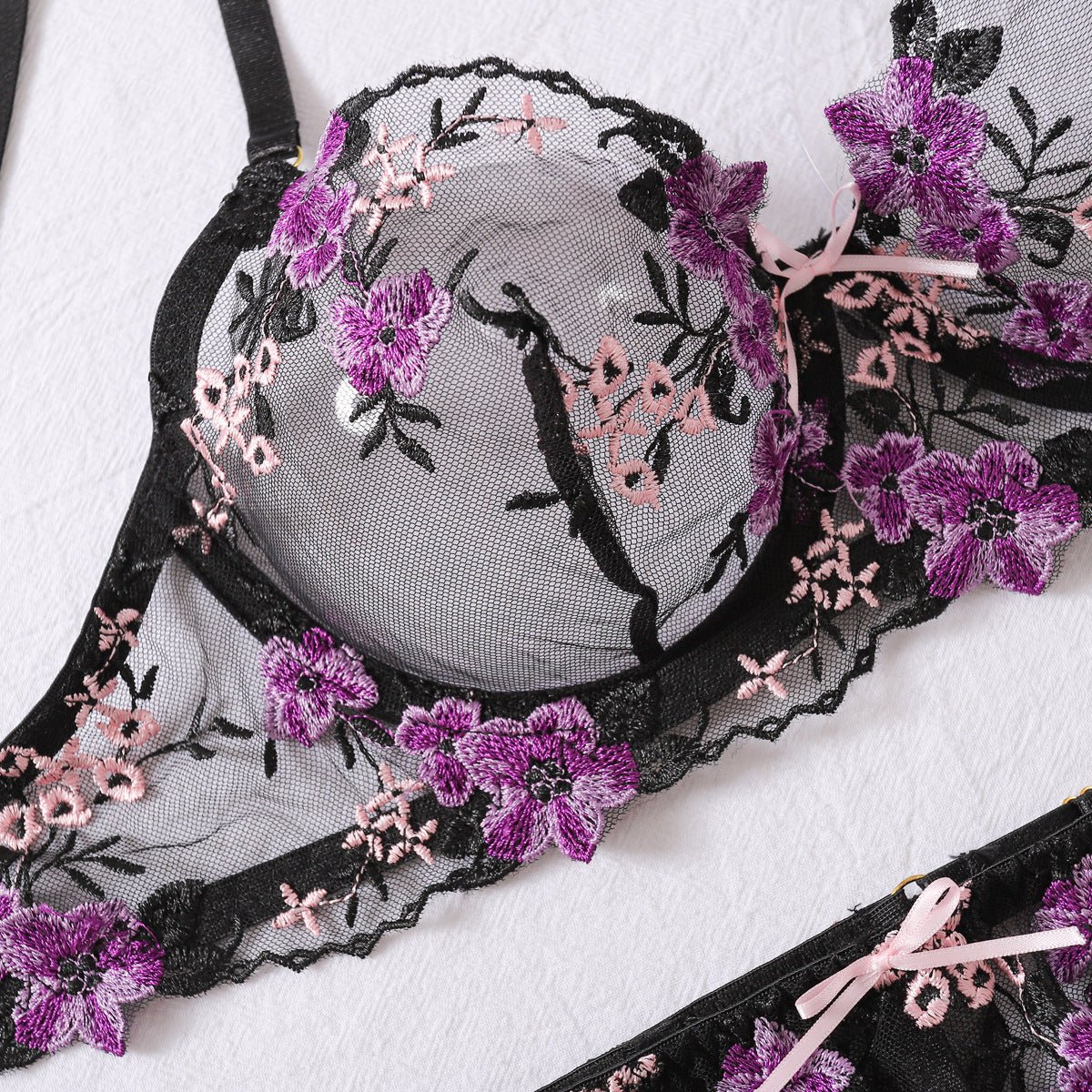Elegant Floral Lace Embroidered Lingerie Set with Cutout Design - TayDiane