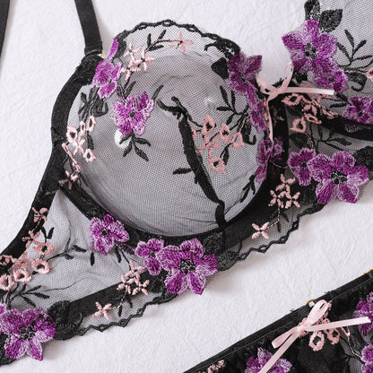 Elegant Floral Lace Embroidered Lingerie Set with Cutout Design - TayDiane