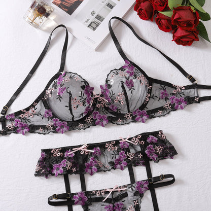 Elegant Floral Lace Embroidered Lingerie Set with Cutout Design - TayDiane